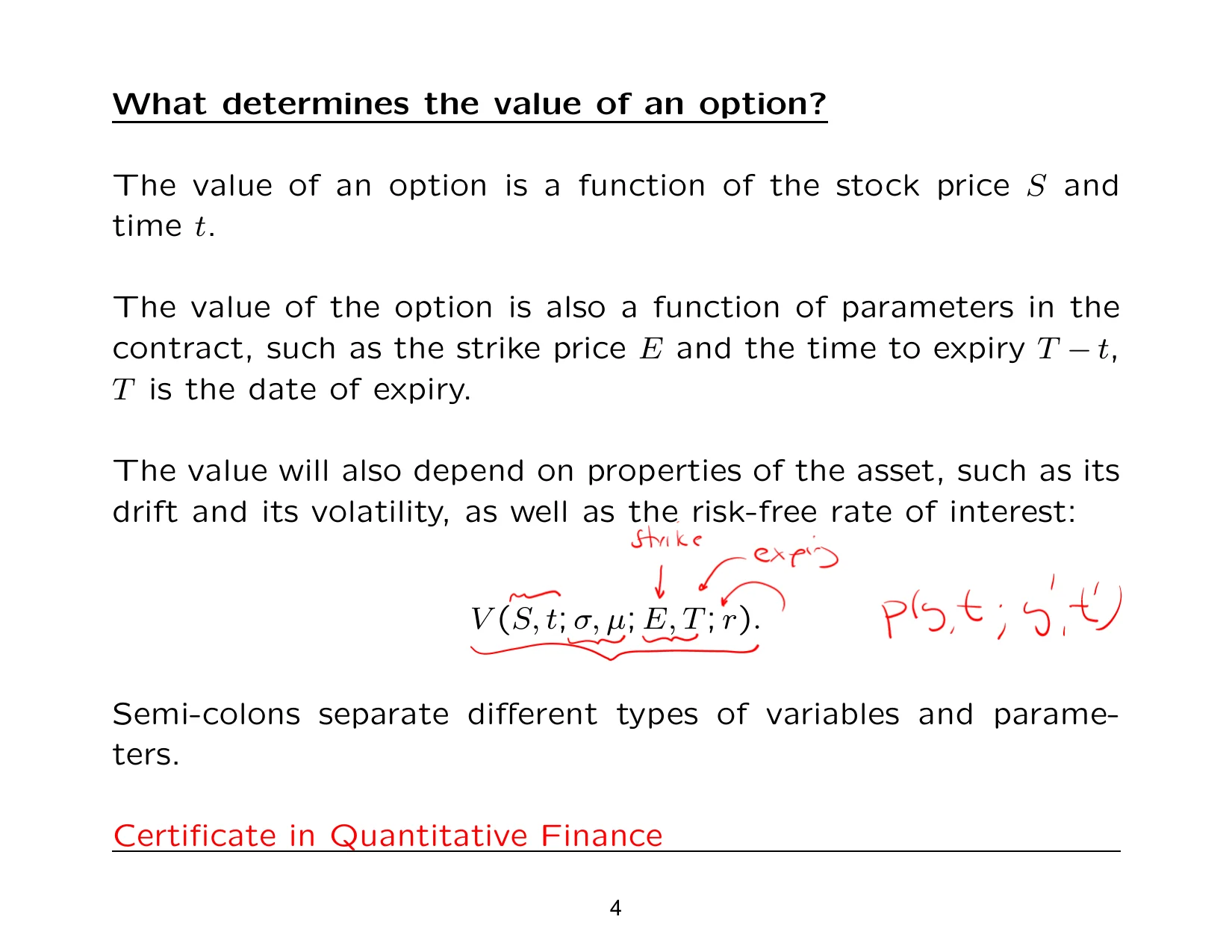What determines the value of an option? — with the lecturer's notes