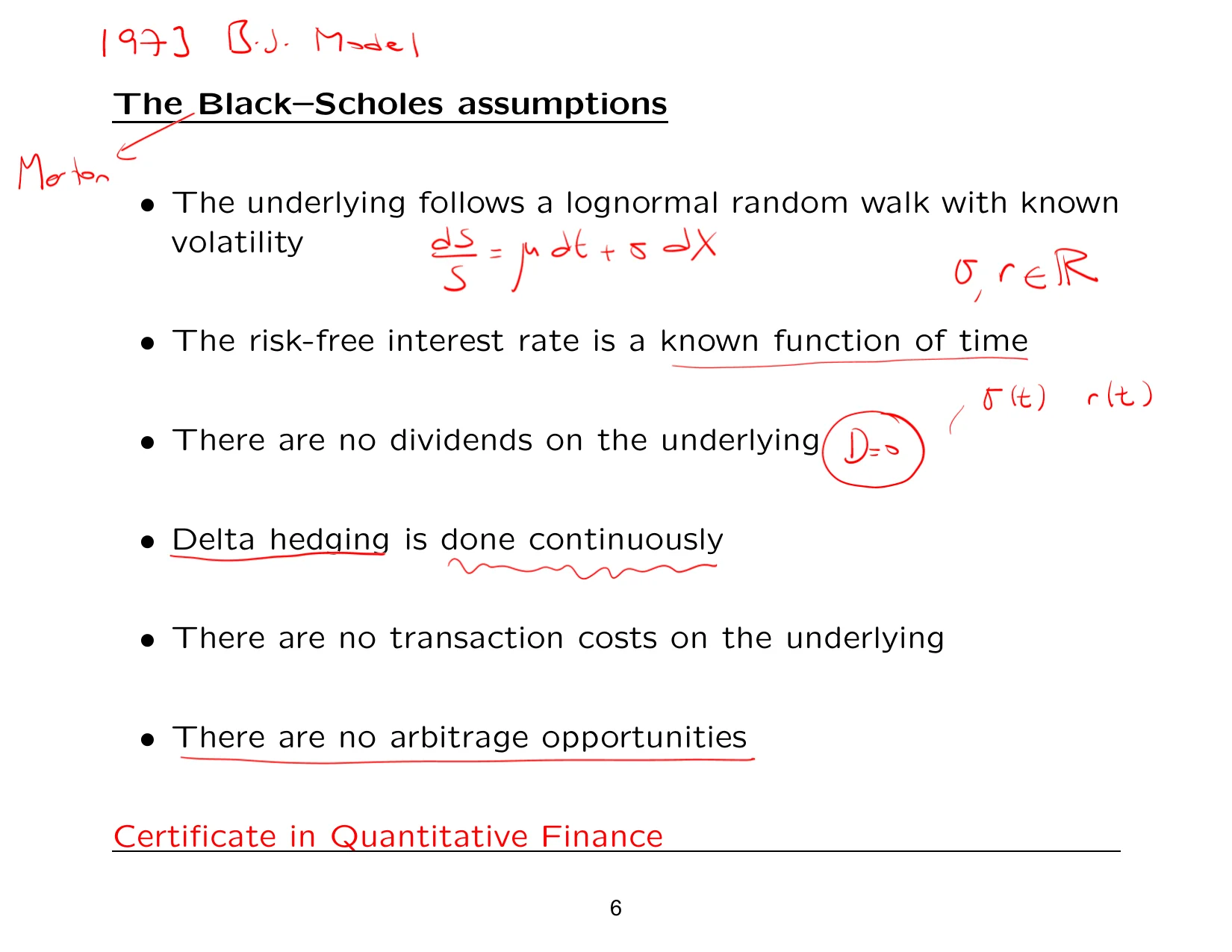 The Black–Scholes assumptions — with the lecturer's notes