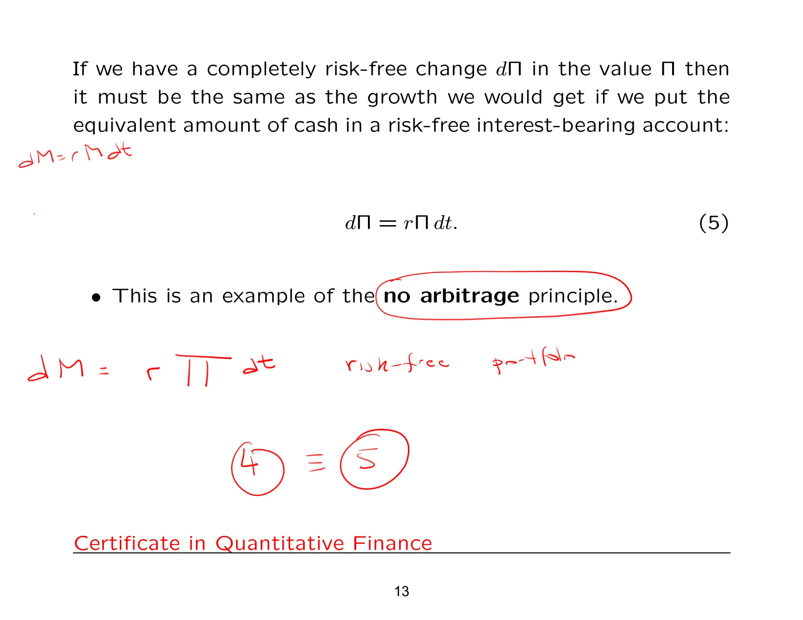 If we have a completely risk-free change dΠ in the value Π then — with the lecturer's notes