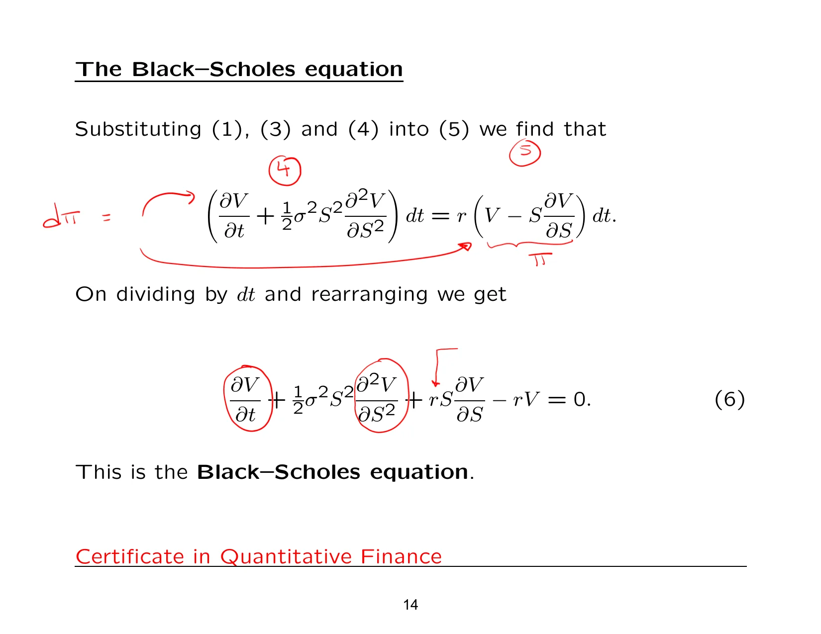 The Black–Scholes equation — with the lecturer's notes
