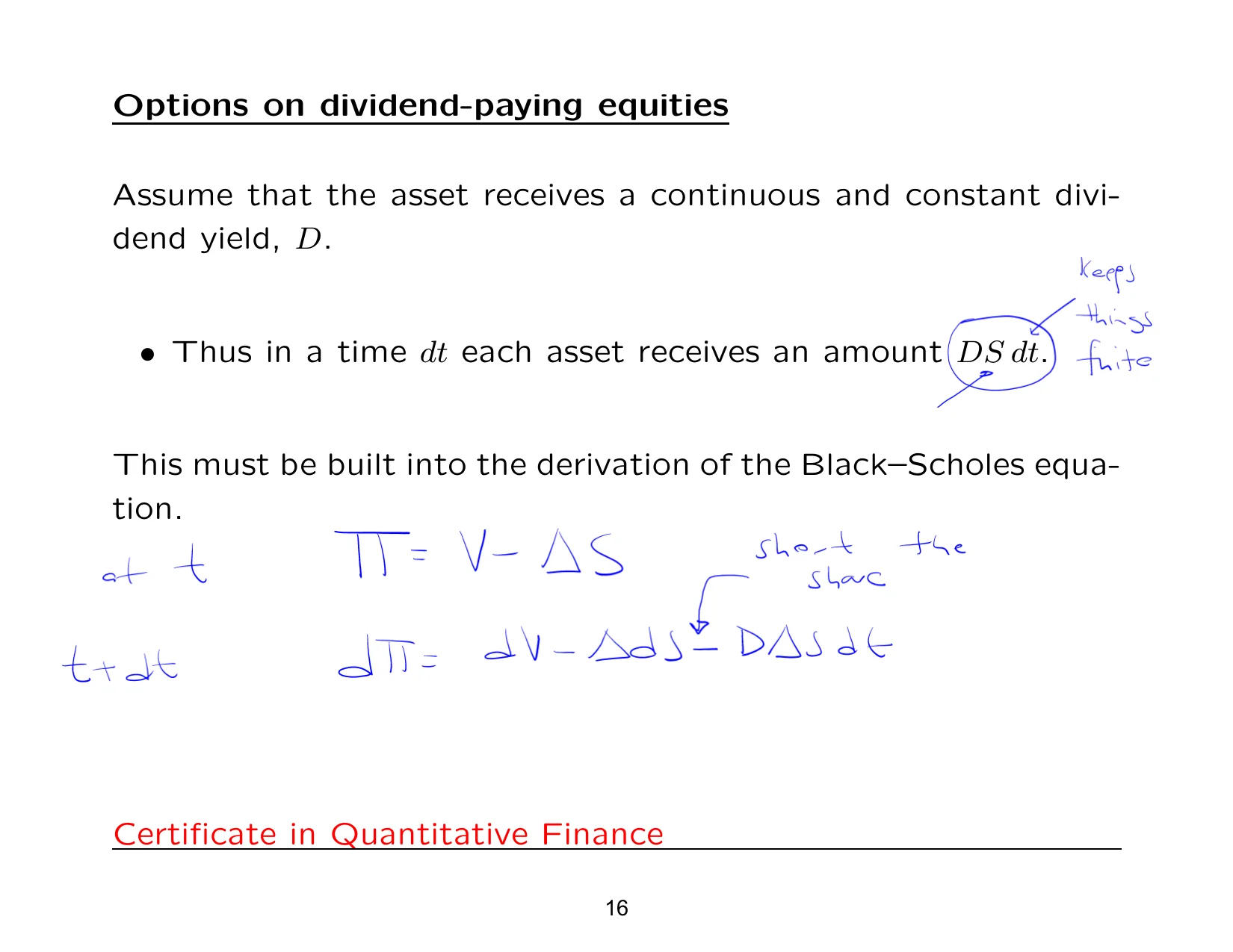 Options on dividend-paying equities — with the lecturer's notes