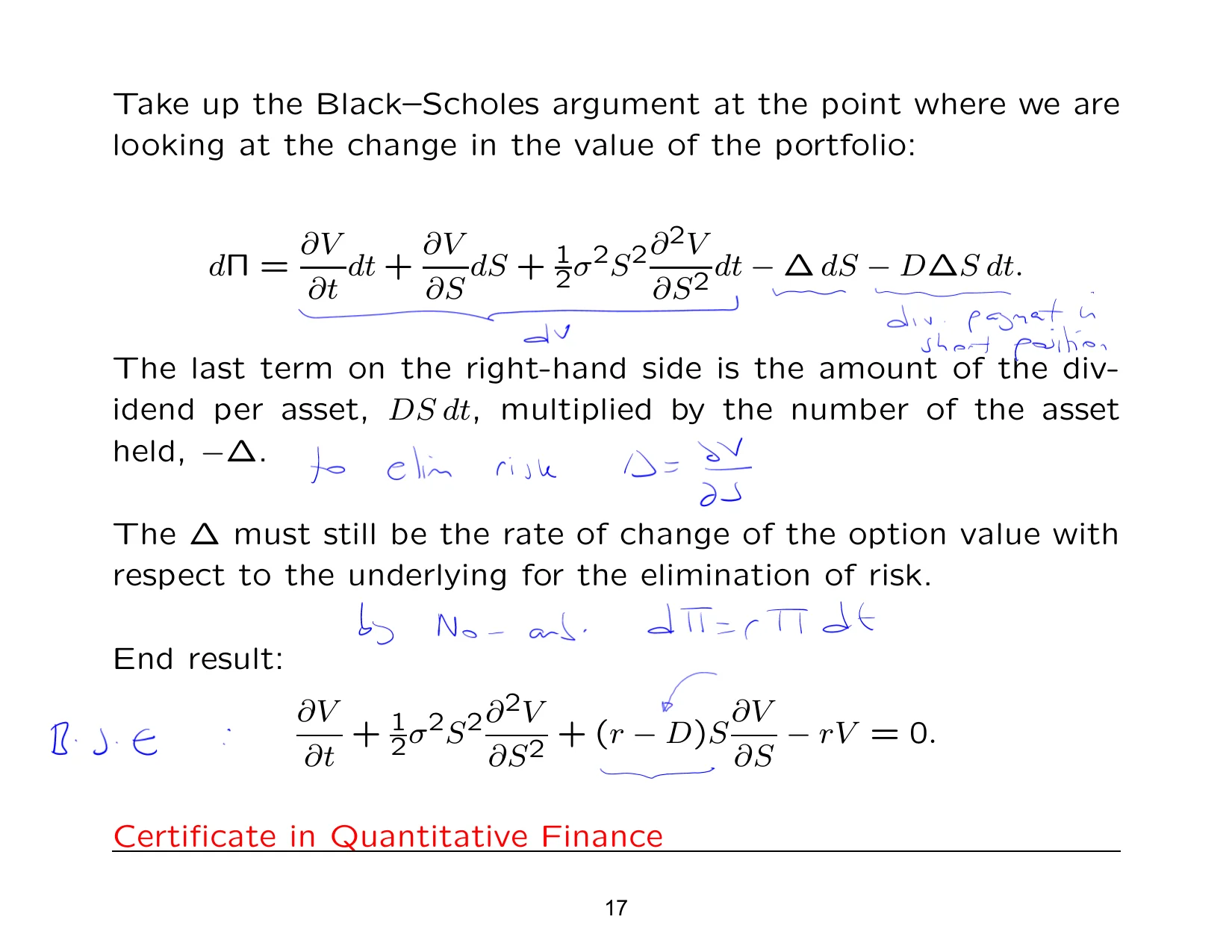 Take up the Black–Scholes argument at the point where we are — with the lecturer's notes