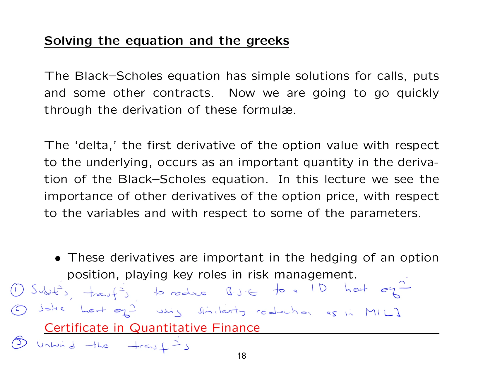 Solving the equation and the greeks — with the lecturer's notes