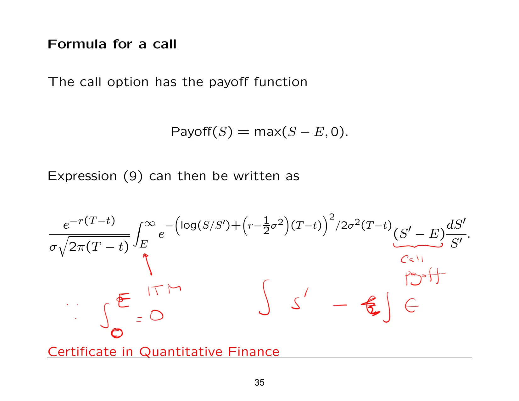 Formula for a call — with the lecturer's notes