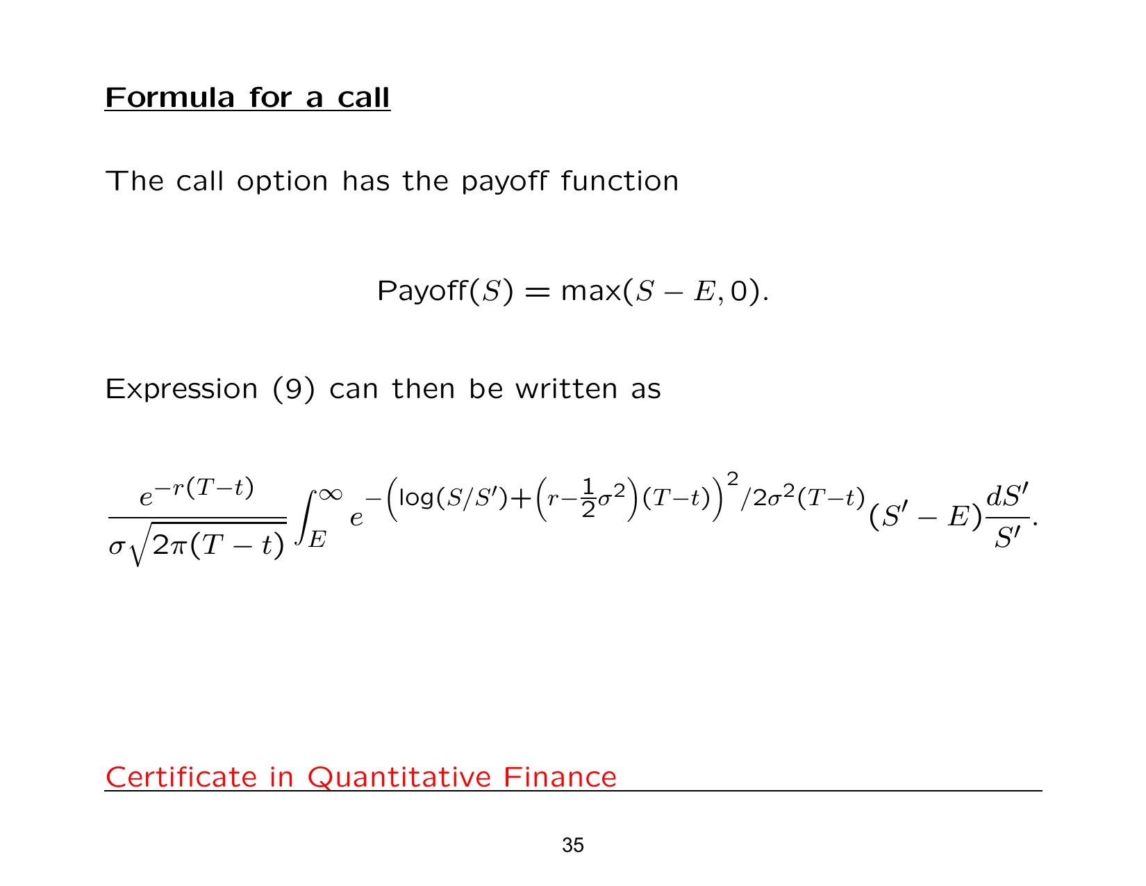 Formula for a call